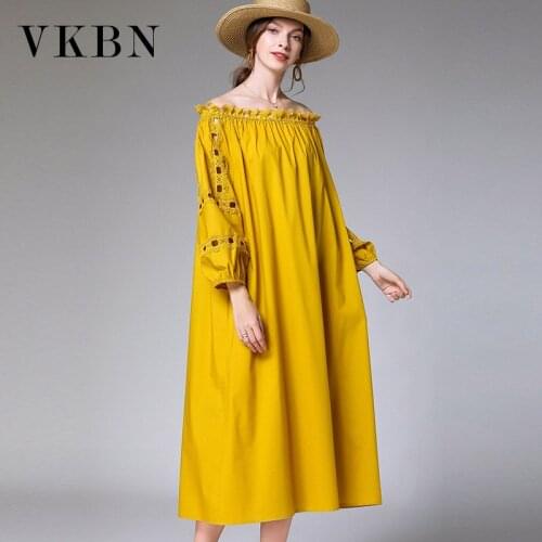 VKBN 2021 Spring and Summer Fashion Elegant Dress Women Slash Neck Three Quarter Lantern Sleeve Office Lady Splice Lace Dress