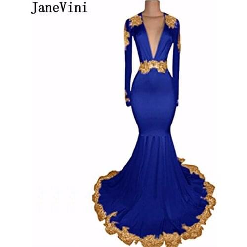 JaneVini Sexy African Royal Blue Prom Dress Deep V Neck Mermaid Bridesmaid Dresses Gold Lace Long Sleeve Wedding Party Gown 2018