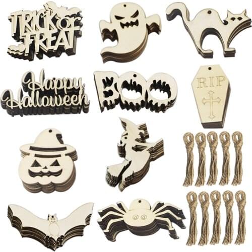 10Pcs Wooden Hanging Ornaments Halloween Decoration for Door Window Hanging Sign DIY Home Decor Halloween Party Supplies