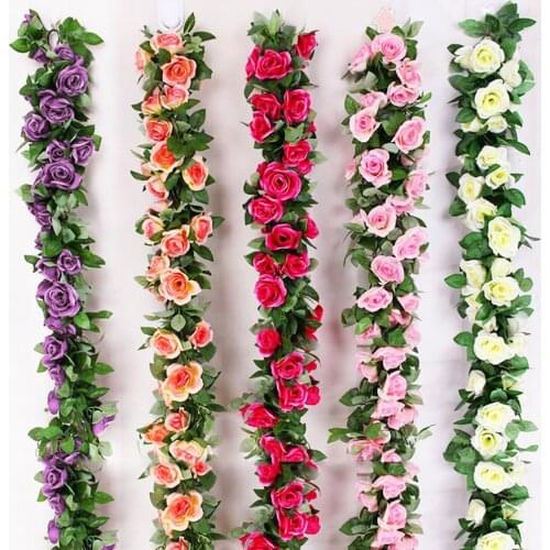 2.4M Rose Artificial Flower Garland Eco-friendly Anti-fade Simulation Rose Flower Vine for Wedding Home Room Garden Arch Decor