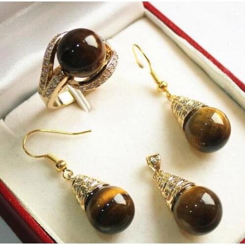 Free Shipping noble new jewelry 18KGP + 12mm tiger eye stone pendant, earring, , ring set jade