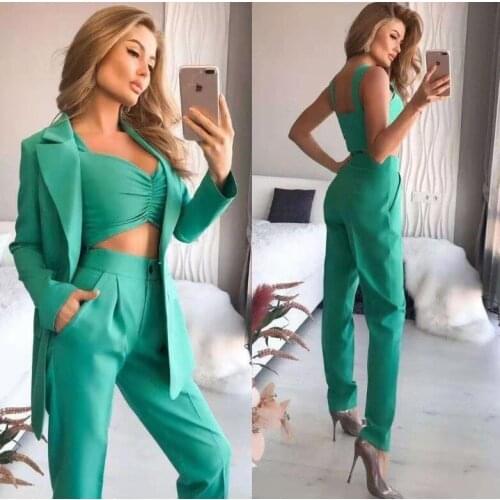 Elegant Blazer Sets Women Spring Autumn 2021 Fashion Casual Single Button Office Slim Notched Elastic Long Pants Female Sets