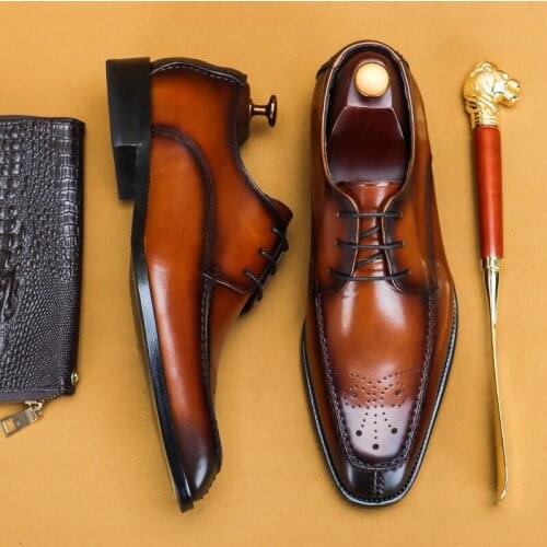 Italy Flat Men Original Leather Polished Designer Brand Brogues Dress Carved Suit Genuine Leather Brown Laces Wedding Shoes 2021