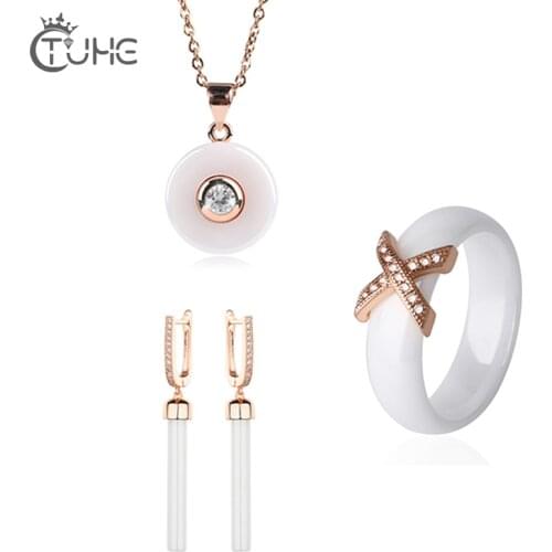3pcs/set 585 Rose Gold Women Jewelry Set 6MM X Ceramic Ring Long White Drop Earring Cubic Zircon Necklace Wedding Christmas Gift