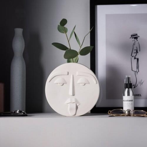 Creative Face Design Ceramic Flower Vase White Matte Abstract Vases Round Square Head Decorative Ornaments Home Table Decoration