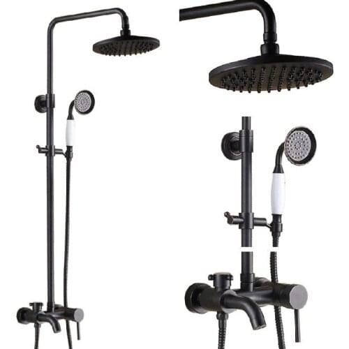 Black Oil Rubbed Brass Single Handle Bathroom 8 Inch Round Rain Shower Faucet Set Bath Tub Mixer Tap Hand Shower mrs344