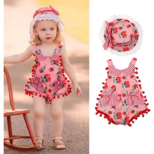 Summer Cute Newborn Infant Baby Girl Clothes Sleeveless Bodysuit Jumpsuit Strawberry Playsuit with Sunhat 2Pcs Outfits Sunsuit