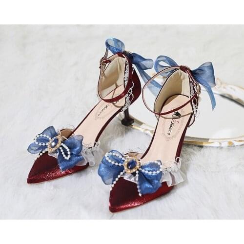 Kawaii Tea Party French Sweet Girl Lolita Mid High Heels Vintage Elegant Exquisite Wine Red Loli Bow Anime Cosplay Pointed Toe