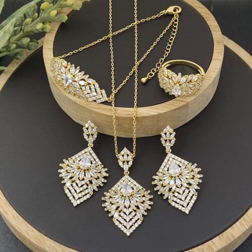 Lanyika Fashion Jewelry Set Gorgeous Rhombus Zirconia Necklace with Earring, Bracelet and Ring for Woman Wedding Party Best Gift
