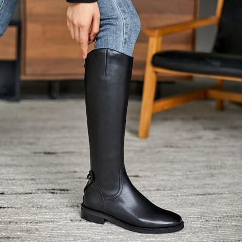 New style Knee-high boots Genuine leather Women boots Motorcycle boots warm Female boots winter After zipper Women shoes cowhide