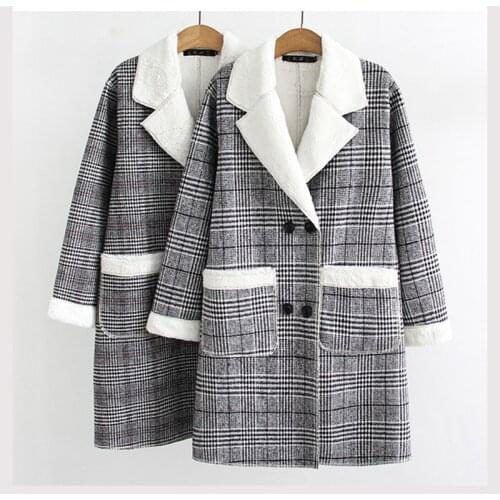 Plaid Abrigos autumn winter plus size Female mid-length Double breasted long loose thin velvet thick warm woolen overcoat D234