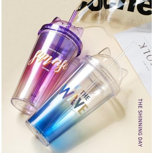 New 420ml Cute Girl Cartoon Bottle Sippy Gradient Cat Ear Plastic Bottle Student Large Capacity Juice Drink Portable Bottle