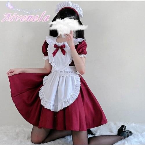 Japanese Lolita Maid OP Dress Soft Girl Women Uniform Apron Loli Dresses Headwear Sweet Cute Girls Cosplay Costume AFC1104