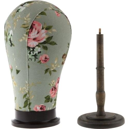 Poly Canvas Block Head Mannequin Head Wig Display Styling Manikin Head With Mount Hole Flower 21' with Wooden Stand
