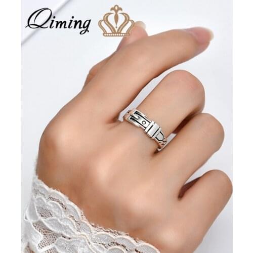QIMING Thai Silver Belt Rings For Women Girls Korean Style Simple Geometric Open Kunckle Ring Party Vintage Jewelry 2021