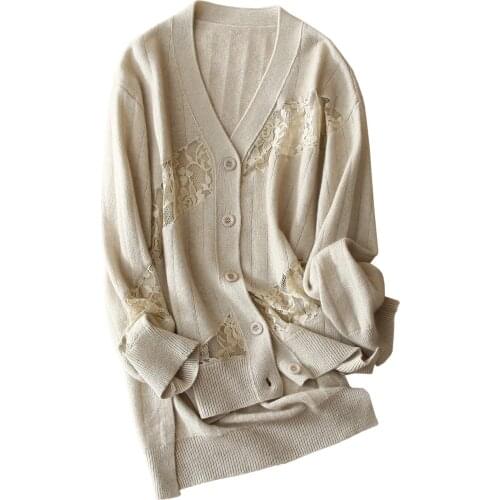 Early Autumn Womens V-neck French Style Patchwork Lace Cashmere Knitted Cardigan Cashmere Jacket Single Breasted Warm