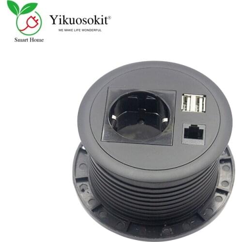 Furniture Round SCHUKO EU Plug Desktop Power Socket 5V 2.1A 2 USB Charging Port RJ45 Network All Black/Pure White