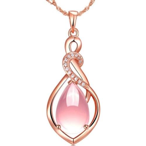 Rose Gold Color Water Drop Pendant Rose Pink Quartz Necklace for Elegant Women Fashion Jewelry