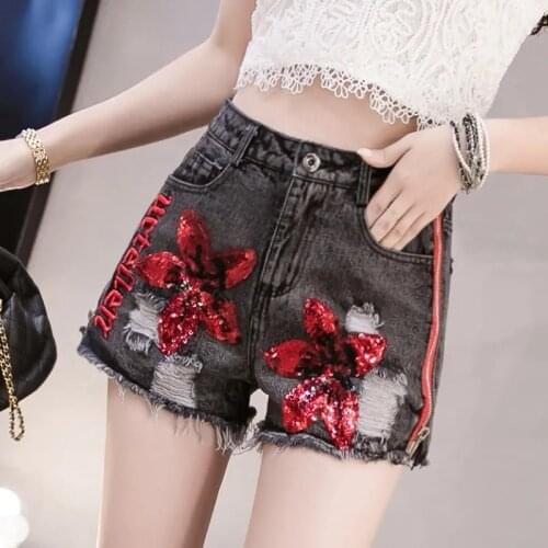 Heavy Industry Sequins Embroidered High Waist Jeans Shorts Women Summer Korean Zipper Split Denim Shorts Women Jean Femme