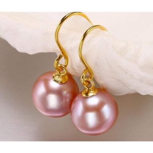 Gorgeous AAA10-11mm round south sea lavender pearl dangle earring 14k