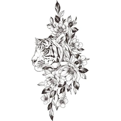 Waterproof Temporary Tattoo Sticker Black Tiger Plain Flower Leaves Design Fake Tattoos Flash Tatoos Arm Body Art for Women Girl