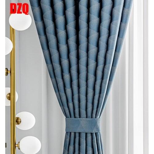 Japanese Finished Product Light Luxury Full Shading Living Bedroom Floor-to-ceiling Bay Window Striped Jacquard Blue Curtain