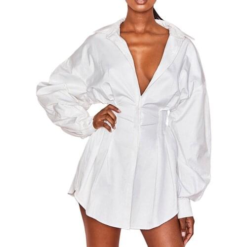 Spring Summer Womens Long Sleeve Solid Lapel Shirt Mini Dress Casual Loose Tops Blouse Free Shipping