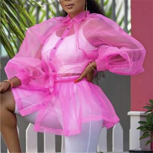 Pink Cute Kawayi See Through Shirts Womens Sexy Clear Transparent Sheer Top Lantern Sleeve Private Party Costumes