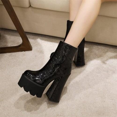 PXELENA Vintage Embossed Patent Leather Women Nightclub Catwalk Boots Women Platform Chunky Block High Heel Punk Gothic Shoes 43