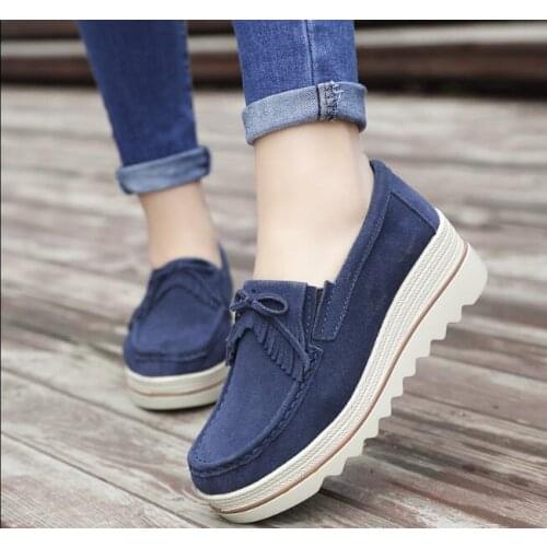 Winter Autumn Women Creepers Platform Casual High Heels Tassels Female Footwear Suede Leather Wedge Shoes Ladies Slip On Shoes