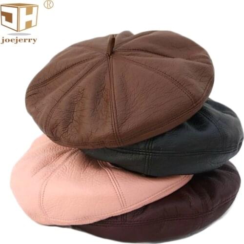 JOEJERRY Black Leather Beret Female French Beret Hat Pink Berets Caps For Women Men Painter Hat