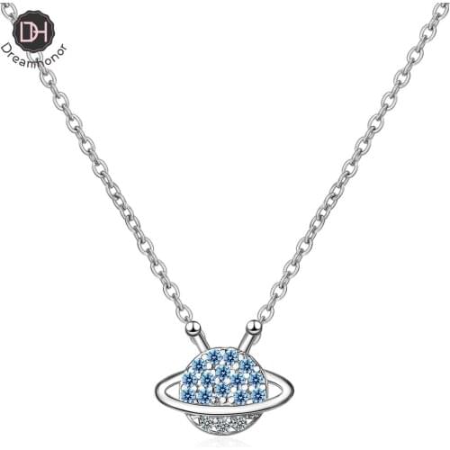 Dreamhonor 925 Sterling Silver Womens Fashion New Jewelry Crystal Zircon Fantasy Blue Planet Star Pendant Necklace Long 45CM