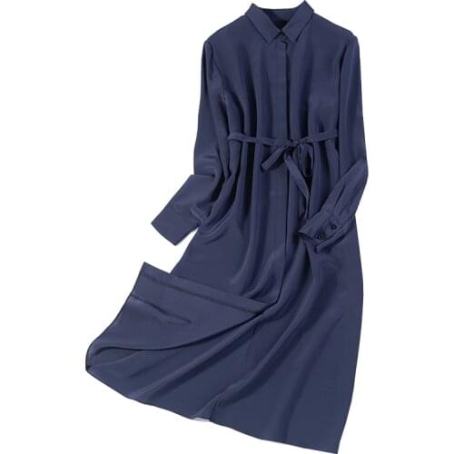 Womens 100% Pure Silk Long Sleeve Long Shirt Dress navy solid color with belt one size JN413