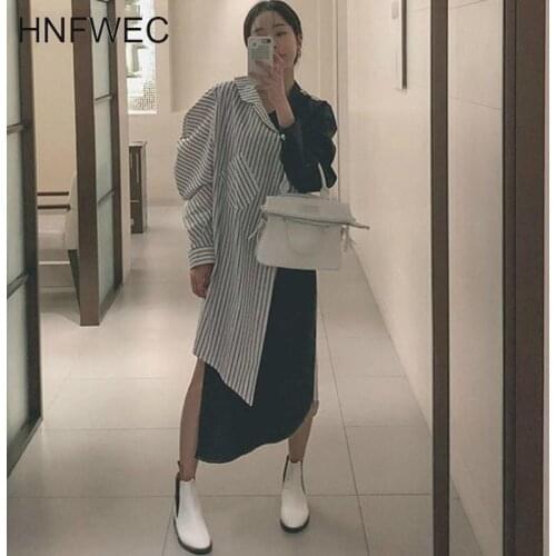 Women Dress Irregular Stripe Patchwork Color Matching Long Dress Asymmetry Plus Size Lantern Sleeve Dresses 2019 New R492