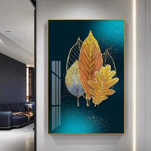 Golden Leaves Deer Posters and Prints Nordic Light Luxury Living Room Modern Abstract Painting Canvas Pictures for Home Room