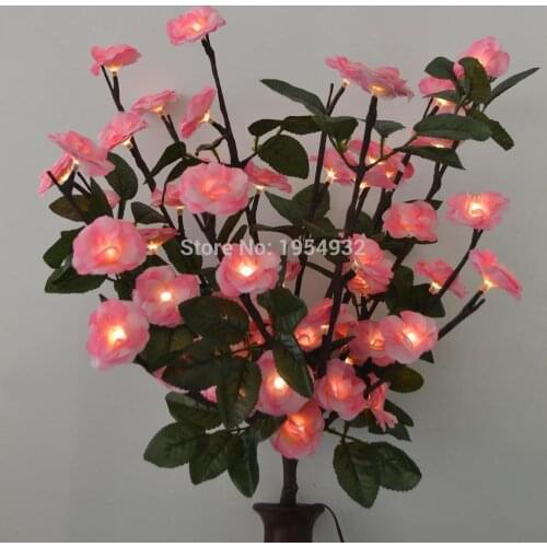 Free Shipping Battery 60 LED Blossom Rose Flower Branch Light in 20" with Green Leaf Decoration, 3V Voltage Timmer Battery Box