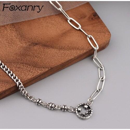 FOXANRY 925 Sterling Silver Splicing Chain Necklace Trendy Hip Hop Vintage Couple Hollow Smiley Face Party Jewelry Birthday Gift