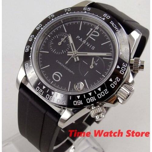 39mm PARNIS mechanical watch men waterproof Quartz rubber bracelet black dial Full Chronograph luminous sapphire ceramic bezel