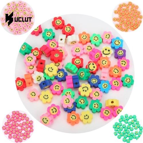 DIY 30PCS Sun Flower Smiley Polymer Clay Spacer Beads for Jewelry Making Bracelet Necklace Findings Hair Clip Accessories 10mm