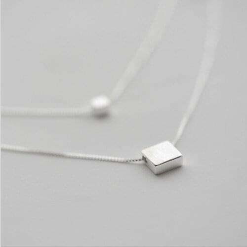 925 Sterling Silver Double Layer Square Cube Pendant Necklace Geometric Necklace Jewelry For Women S-N194