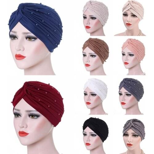 Imixlot 1PC Newest Elegant Muslim Polyester Cap Women Girls Imitation Pearl Twist Head Cover Turban Cap Islamic Bonnet Hat