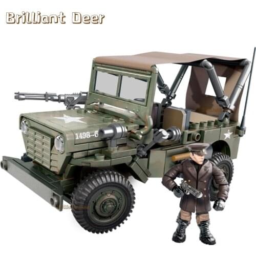 Military Willys Jeep Building Blocks Model Army WW2 US Soldier Weapon 475 PCS Bricks Kit Toys for Children Boy