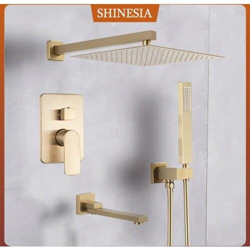 Shinesia Brushed Golden Shower Faucet Set Luxury Concealed Rainfall 8"10"12"16" Shower Head Hot and Cold Water Mixer