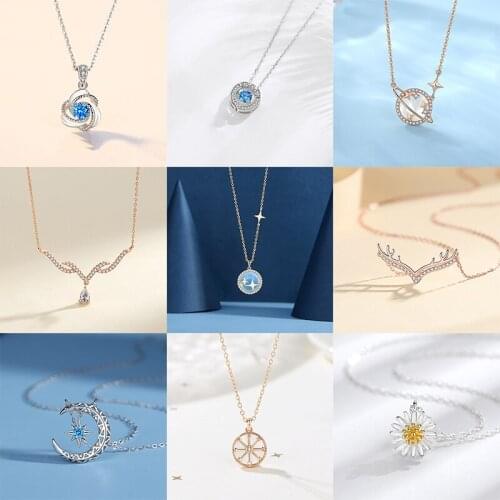 Korean Style Fashion S925 Silver Necklace For Women Blue Heart Of The Sea Zircon Clover WomenS Neck Chain Pendants Star Jewelry