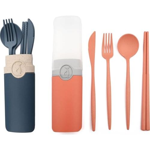 JANKNG Kids Children Dinnerware Sets Portable Travel Cutlery Wheat Straw Chopsticks Knife Fork Spoon Flatware Camping Tableware