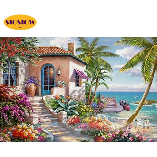 SIOSIOW 5D Diamond Painting Kits Seaside Scenery 3d Diamond Embroidery Sea Landscape Mosaic Picture Coconut Tree Home Decoration