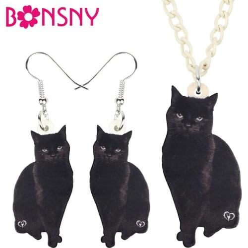 Bonsny Acrylic Jewelry Set Unique Fashion Black Cat Necklace Earrings Funny Cool Pendant For Women Girls Charms Gift NE+EA