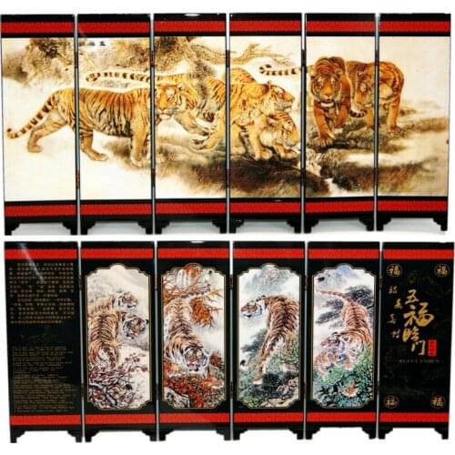 Office Table MINI Folding Screens 6 Joined Panels Decorative Painting Wood Byobu Five Blessings Arriving at The Home Tigers