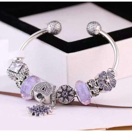 Original S925 Sterling Silver Snowflake Pendant Heart-shaped Lock Beads With Open Bracelet For Womens Wedding Party Diy Jewelry