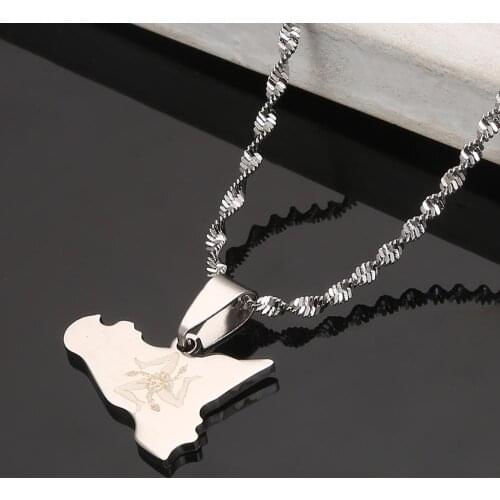 Stainless Steel Silver Color Map of Sicilia Pendant Necklace Italian Map Chain Jewelry